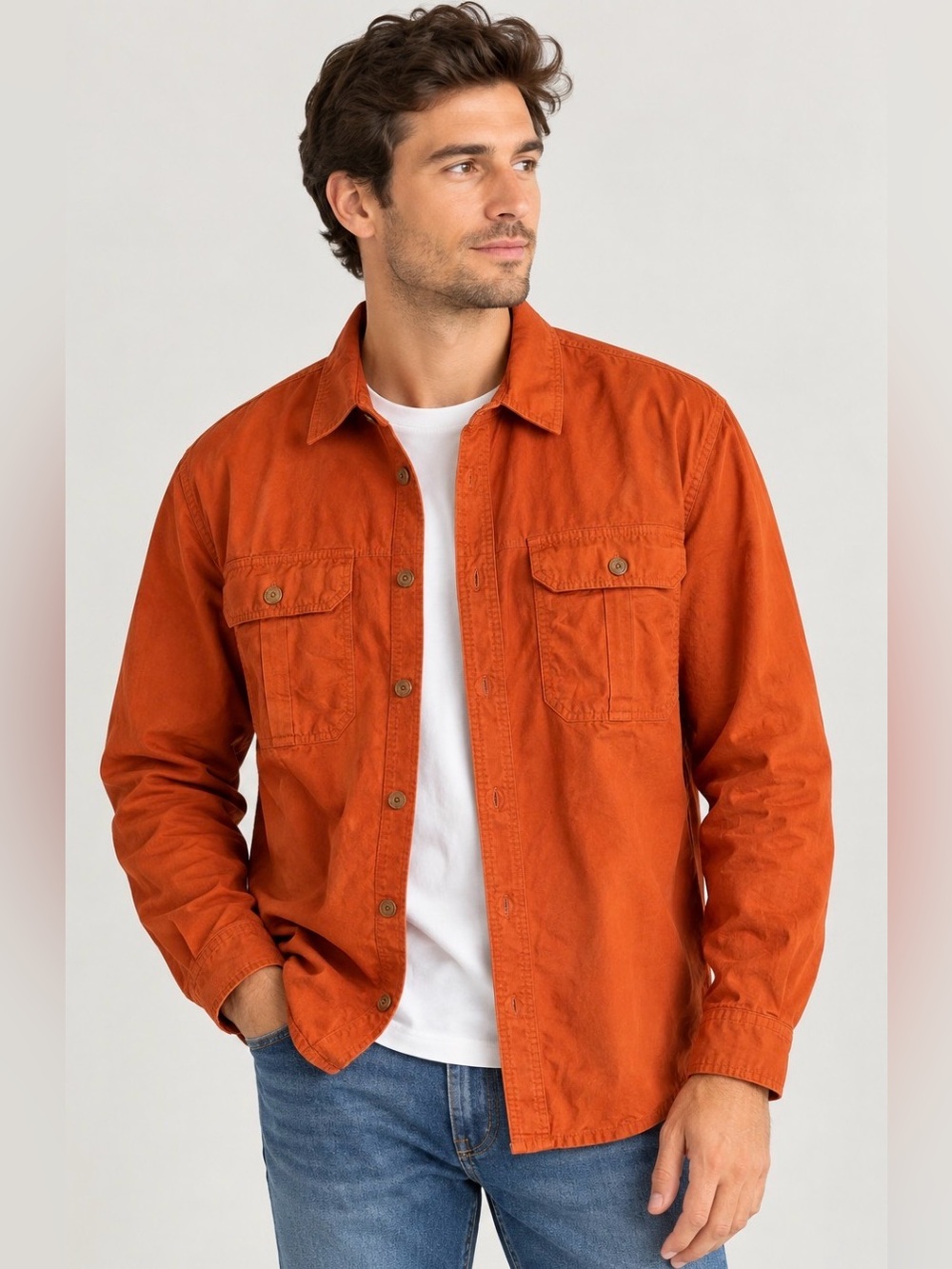 Men's Rust Orange Button-Front Shirt Jacket